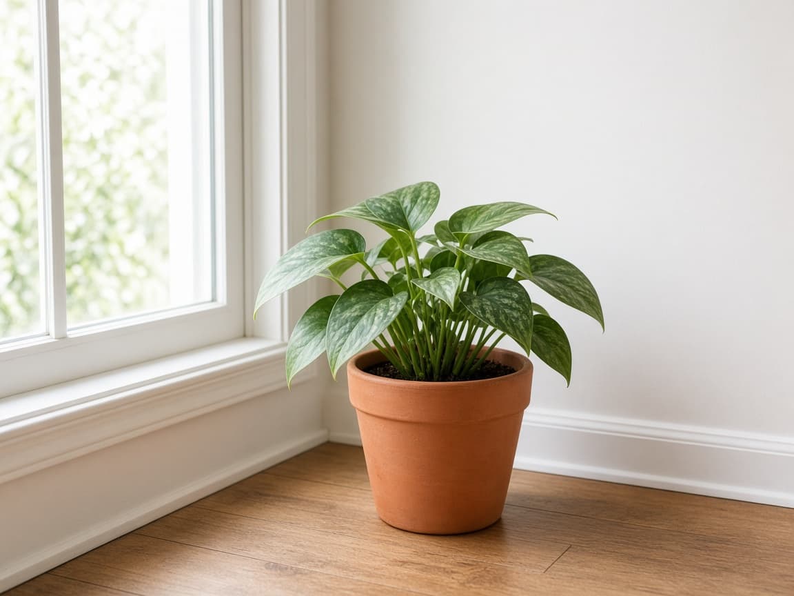 Leafy houseplant in a terracotta pot beside a bright window