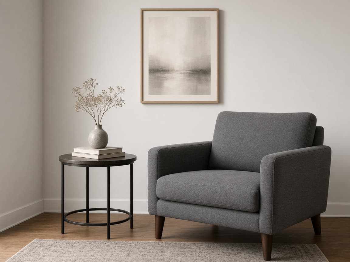 Gray upholstered armchair and a small round side table