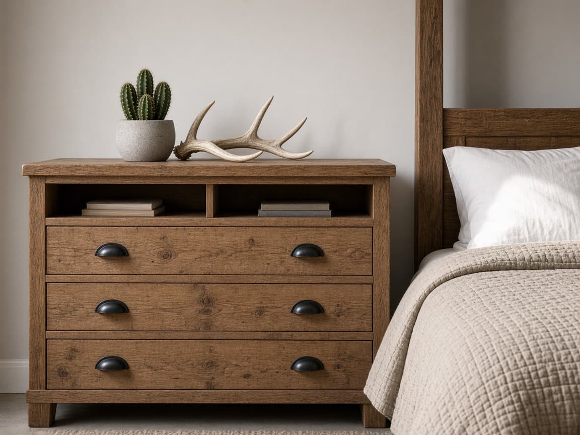 Wooden dresser with a small cactus and antlers