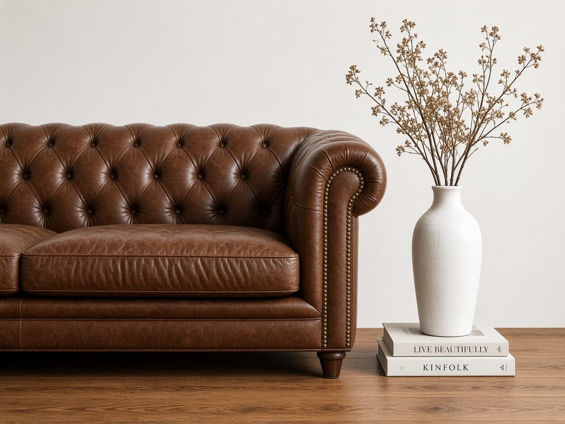 Brown leather sofa with a tall white ceramic vase of dried branches