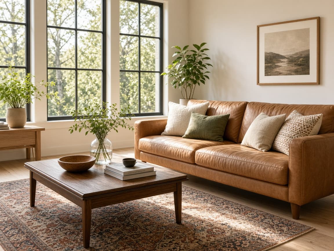 Sunlit living room with a tan sofa, coffee table, rug, and large windows