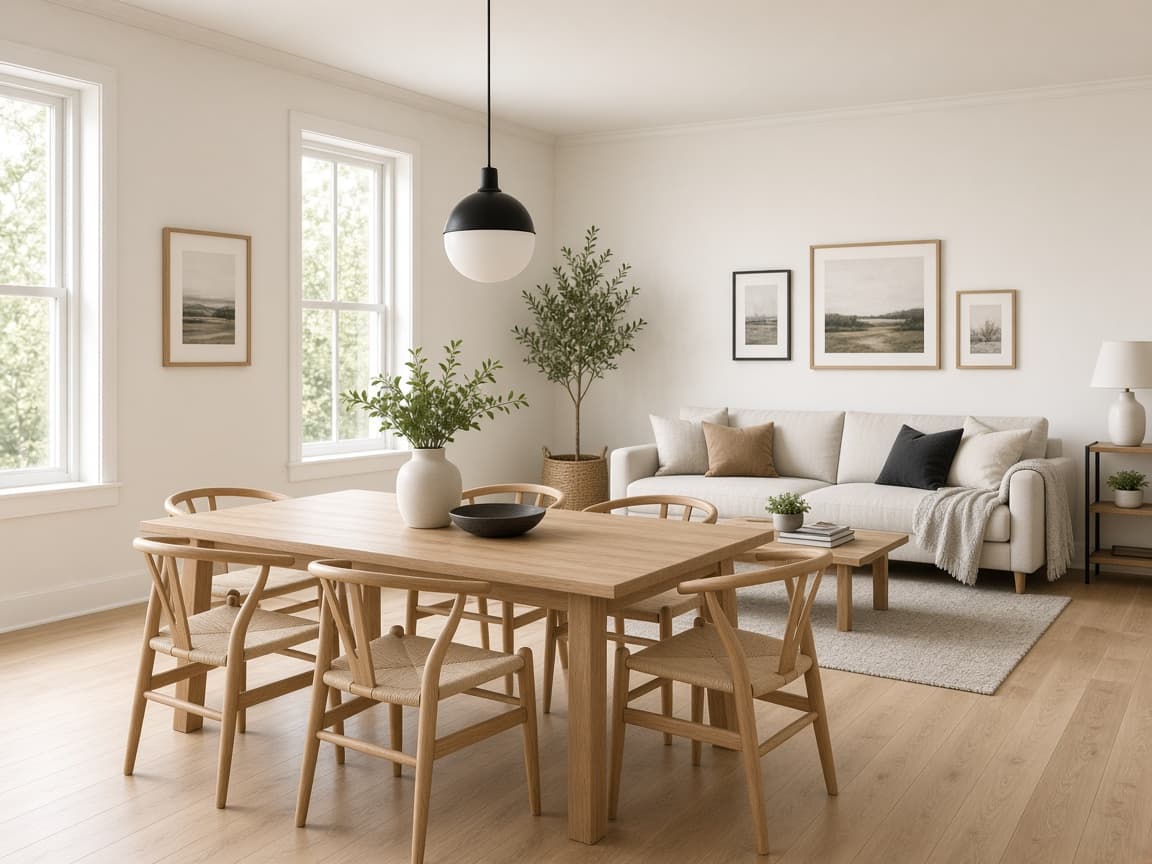 Open living and dining room with a table, chairs, and light walls