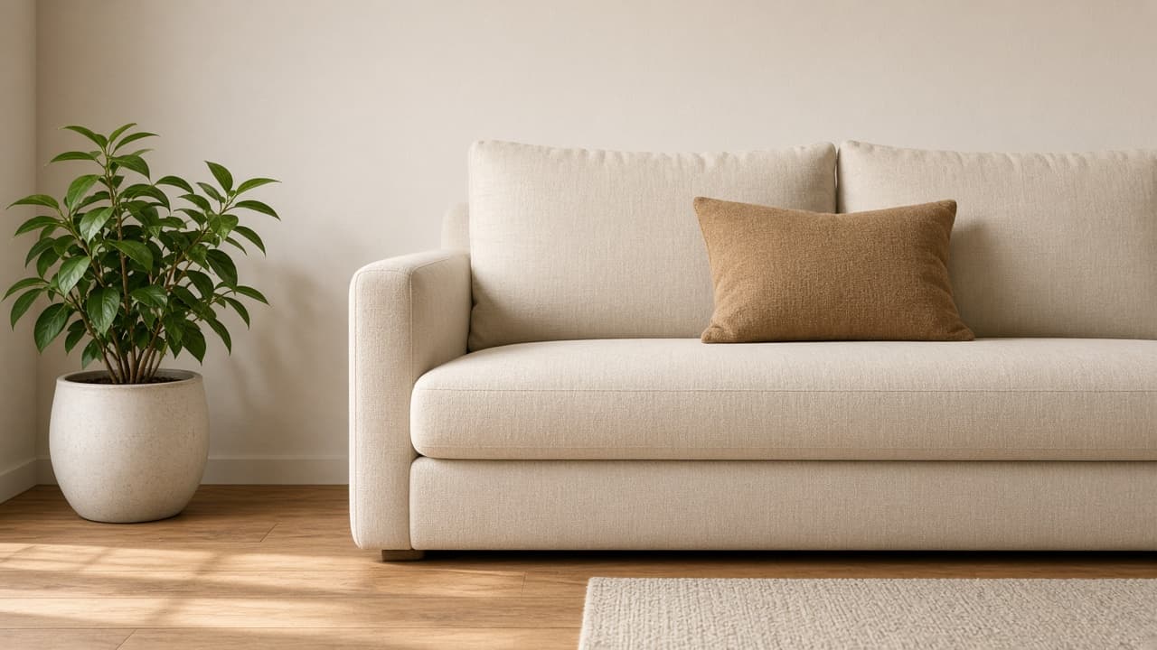 Beige sofa and a houseplant in a warm, sunlit sitting room